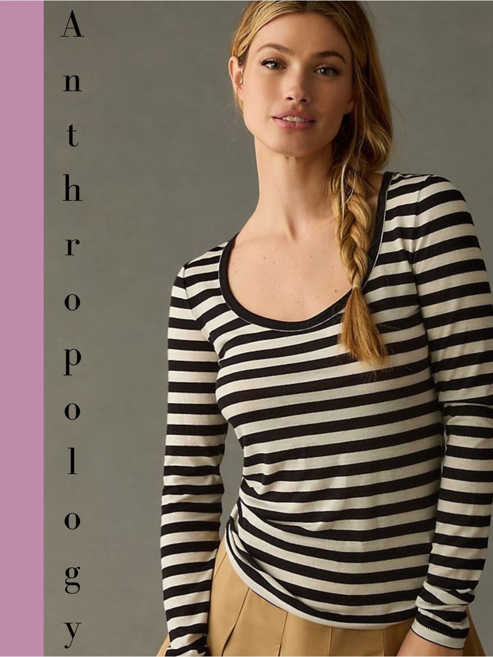 Maeve Black and Cream Striped Scoop Neck Long Sleeve Tee